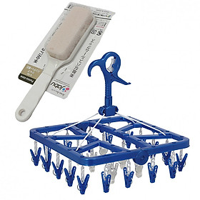 Combo Bàn chải chà gót chân đá san hô + Khung phơi 24 kẹp xoay 360 độ nội địa Nhật Bản (Giao màu ngẫu nhiên)