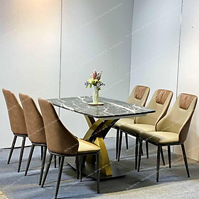 Mua Bàn ăn mặt đá Cẩm thạch nhân tạo chân chéo X cong inox mạ vàng kết hợp ghế Spot