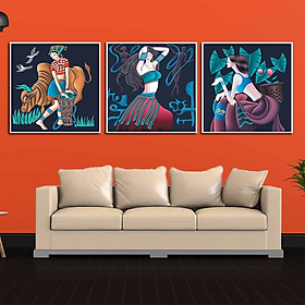 Bộ 3 tranh canvas treo tường Decor cô gái sơn nữ, phong cách tân cổ điển, ấn tượng - DC064