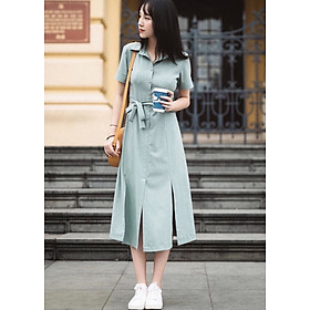 Đầm mila sơ mi mint xẻ tà