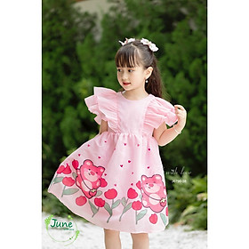 Đầm babydoll tay phồng cho bé gái gấu dâu Lotso xinh xắn từ 12-40kg hàng thiết kế