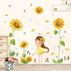 Decal dán tường hoa mặt trời vàng và bé ZOOYOO XL7192