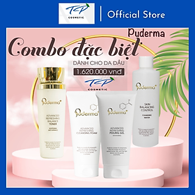 Combo làm sạch dành cho da dầu: nước tẩy trang Puderma, Sữa rửa mặt Puderma, Tẩy da chết Puderma, Toner nước hoa hồng Puderma: làm sạch, cấp ẩm giúp da sáng khỏe, ngăn ngừa mụn.