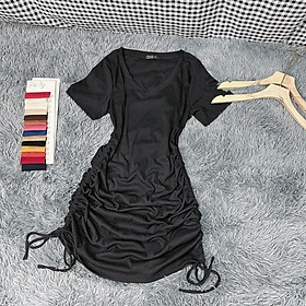Đầm cổ tim bigsize nữ tay ngắn rút dây ôm body chất gân tăm co giãn nữ từ 60-95kg BIGSIZE CÔ NHỎ - G90 - Màu Đen