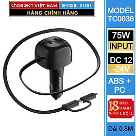 Mua Tẩu sạc ô tô 75W Choetech TC0036 tích hợp cáp sạc rút Type C kèm đầu nối iP (Hàng chính hãng)