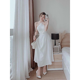 Đầm xoè midi cổ yếm đan dây kết bông