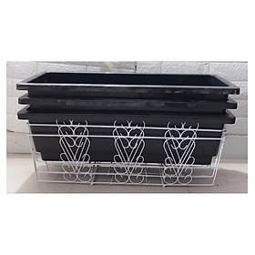 Combo 3 Giỏ Sắt Treo Chậu Hoa Ban Công Hình Chữ Nhật KT 64x21x18Cm - Màu Trắng + 3 Chậu/ Khay/ Máng Nhựa Trồng Rau, Trồng Hoa, Cây Cảnh Kích Thước 67X24X19Cm - Màu Đen