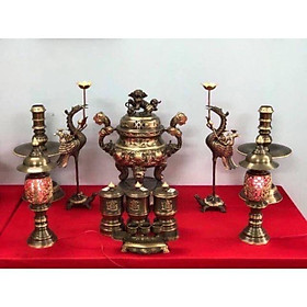 Mua Bộ lư đình thờ giả cổ họa tiết hoa sòi bằng đồng nguyên chất 50cm