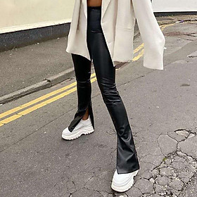 Fashion Women PU Leather Pants Solid Color Flared Side Slit Bodycon Street Nightclub Bell-bottom Trousers