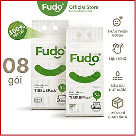 Khăn giấy khô Fudo® TISSUEPack™ từ tre không bụi vụn, không tẩy trắng - 2 Túi lớn - 08 gói/130 tờ - 03 lớp siêu thấm