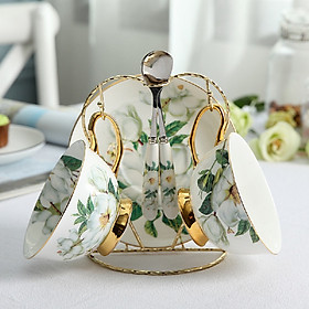 Bộ cốc đôi bằng sứ xương cao cấp kèm giá treo với họa tiết hoa lá mang phong cách hoàng gia sang trọng - Mẫu 2