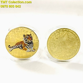 Móc Khóa - Dây Treo - Đồng Xu Con Cọp In Màu 3D Vàng, đường kính: 4cm