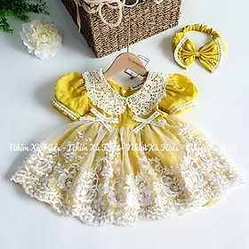 Váy Lolita Ren Vàng Bé Gái 3 Đến 12kg Chất Đũi Xốp Nhún Mềm Mại [V090