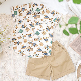 Áo sơ mi bé trai tay ngắn gấu Teddy vải thô cotton mềm mịn mát MamLa