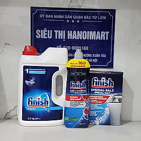 Combo: Bột Finish 2,5kg + Muối rửa bát Finish 1.2kg + Nước làm bóng Finish 750ml + Tặng viên Finish