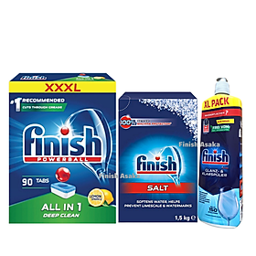 Combo rửa bát Finish: Hộp All In One 90 viên, Muối 1.5kg, Nước làm bóng 400ml - Nhập khẩu EU