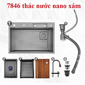 Chậu rửa bát 1 hố thác nước nano xám 7846 Valenza, kèm bộ vòi thác, khay nano, khay lỗ, thớt gỗ- Hàng dày đẹp chính hãng