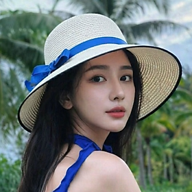 Mũ cói nữ phối nơ xanh viền đen xinh đẹp nón vành rộng đi biển chống nắng UV thoáng mát thời trang Hàn Quốc dona250402