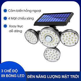 Đèn năng lượng mặt trời, đèn tường xoay 4 đầu 89LED, Thiết kế độc đáo -K1386