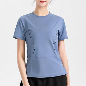 Áo thun nữ cổ chữ O ngắn tay thiết kế đường lỗ thoáng khí 2 bên, áo thun thể thao tập yoga, gym-Màu xanh dương-Size