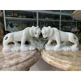 Cặp Hổ Đứng Đá Cẩm Thạch Trắng - dài 20.5cm, cao 13cm