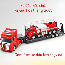 Đồ chơi mô hình xe đầu kéo cứu hỏa thang trượt và xe đấu kéo cứu hỏa chở