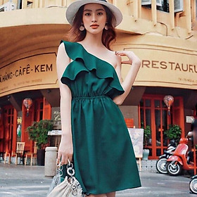 Đầm Suông Ngắn Xanh Đậm Trễ Vai Freesize