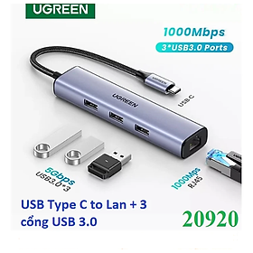 Hình ảnh Cáp Chuyển USB-C to LAN 100/1000Mbps Kèm HUB 3 Cổng USB 3.0 Ugreen 20920 - Hàng Chính hãng