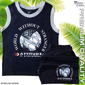 BỘ THUN BÉ TRAI CATRIO in bóng tròn ATTITUDE màu XANH NAVY là bộ đồ trẻ em từ 5 tuổi 20kg đến 18 tuổi 60kg gồm có QUẦN ĐÙI + ÁO SÁT NÁCH vải 100% cotton an toàn đạt chuẩn xuất khẩu thích hợp các bé trai mặc ở nhà, đi chơi rất thoáng mạt và hạnh phúc