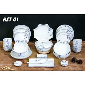 Bộ bát đĩa men trắng - kem, hoạ tiết hoa sen xanh. Gốm Bát Tràng cao cấp