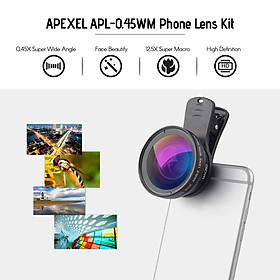Ống Kính Macro Góc Rộng HD APEXEL APL-0.45WM Kèm Kẹp Gắn Cho Điện Thoại - Đen (Góc Rộng 0.45X) (Macro 12.5X)