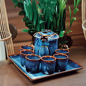 Bộ ấm tích uống trà cao cấp khay vuông men xanh sóng biển Bát Tràng