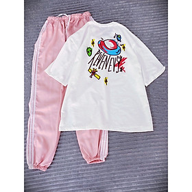 Sét Bộ Đồ Nữ Mặc Đi Chơi Dạo Phố Mùa Hè, Áo Phông gồm Quần Kaki Hồng và Áo thun Unisex
