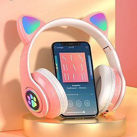 Tai Nghe Mèo Bluetooth chụp tai kết nối bluetooth 5.0, kèm dây AUX, có led nhiều màu