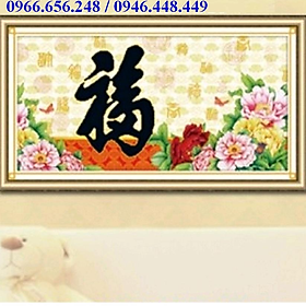 Mua tranh thêu chữ thập Chữ Phúc tiếng Hán và hoa mẫu đơn ZA5D046 ( chưa thêu)
