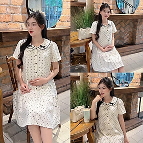 Đầm bầu chấm bi cổ sen đính nơ dễ thương, thanh lịch phù hợp cho mẹ bầu và sau sinh - Trắng kem