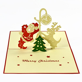 Thiệp nổi 3D handmade Ông già Noel cùng chú "tài xế" tuần lộc đáng yêu- Christmas 3D pop-up card size 12x18cm CN095