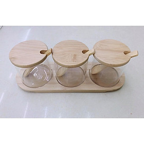Mua Bộ 3 hũ đựng gia vị thủy tinh cao cấp khay gỗ tre bầu dục