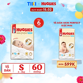 Tã/bỉm dán sơ sinh Huggies Skin Perfect S 54+6 miếng với 2 vùng thấm giảm kích ứng da