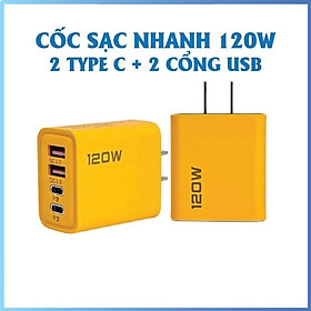 Củ Sạc Nhanh 120w đa năng gồm 2 cổng Type-C và 2 cổng USB, tặng kèm cáp 1 sạc Type C - Hàng nhập khẩu