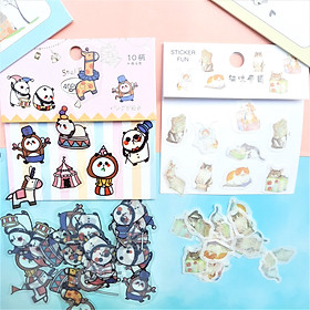 Combo 2 Bộ 32, 40 Sticker Hình Dán Mini Mèo Dễ Thương Và Gấu Trúc Làm Xiếc