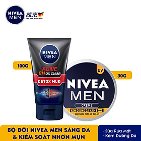 Combo NIVEA MEN chăm sóc da cho nam Sữa rửa mặt Detox Bùn khoáng giảm mụn (100g) - 83940 & Kem dưỡng da 3in1 giúp sáng da cấp ẩm (30g) - 83923