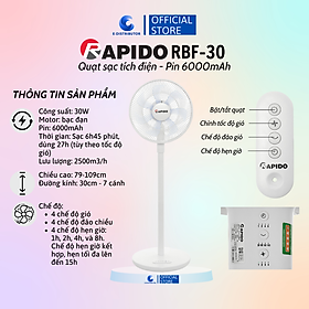 Quạt sạc điện có điều khiển Rapido RBF-30 (Pin 6000mAh) - Hàng chính hãng - Công suất: 30W  - Chế độ gió: Gió thường