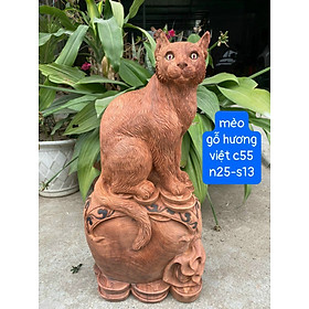 Mua Tượng con mèo ngồi trên bao tiền phong thủy bằng gỗ hương kt 55×25×13cm