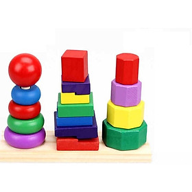 Tháp thả hình khối 3 trụ sắc màu- Colorful Three-column Tower, Đồ chơi Gỗ, Đồ chơi Giáo Dục