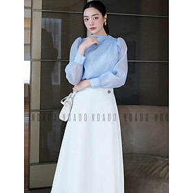 Set áo voan xanh váy trắng NGADO , set áo váy dài , set công sở