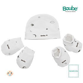 Set phụ kiện nón, bao tay, bao chân họa tiết trăng sao cho bé sơ sinh Boube, Vải Cotton Organic thoáng mát- Size Newborn