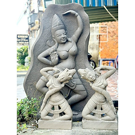 Cặp tượng vũ nữ Apsara đá sa thạch trang trí sân vườn - Cao 50 cm