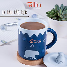 Ly sứ gấu Bắc cực Fellia cao cấp dễ thương, cốc in động vật hình nổi 3D có nắp đậy_FEL12900