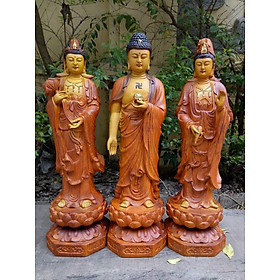 Mua Bộ tượng phật tam thánh bằng gỗ hương đá tô làm mầu giả cổ kt cao 40×12×12cm